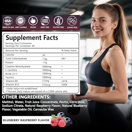 Gomitas de Creatina Monohidratada Crasye 5000 MG para Hombres y Mujeres, Suplemento Pre-Entrenamiento Sin Azúcar con Taurina y BCAA para Energía y - imagen 2