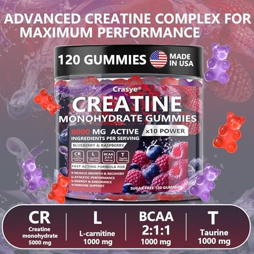 Gomitas de Creatina Monohidratada Crasye 5000 MG para Hombres y Mujeres, Suplemento Pre-Entrenamiento Sin Azúcar con Taurina y BCAA para Energía y - imagen 3