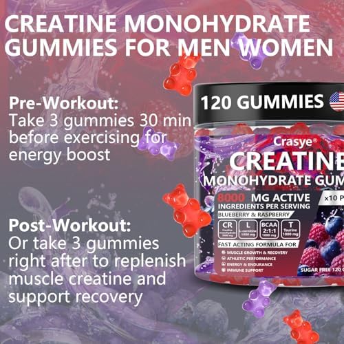 Gomitas de Creatina Monohidratada Crasye 5000 MG para Hombres y Mujeres, Suplemento Pre-Entrenamiento Sin Azúcar con Taurina y BCAA para Energía y - imagen 7