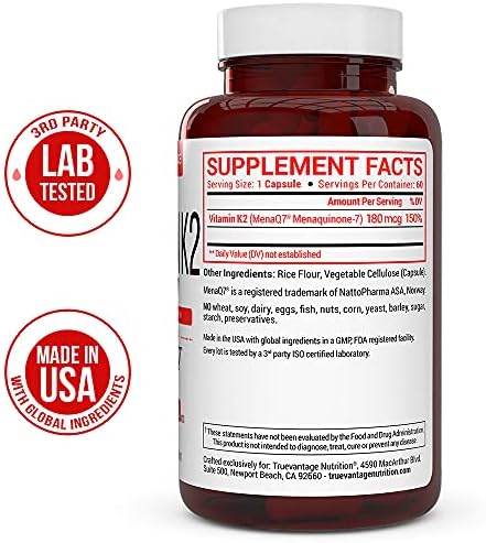 Suplemento de Vitamina K2 MK-7 180mcg - Apoya la Salud Ósea y Cardiovascular - 60 Cápsulas Vegetales Fáciles de Tragar de MenaQ7 K2 MK7 - imagen 3