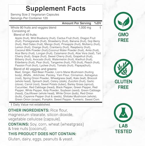 Suplemento de Frutas y Verduras de Nature’s, 240 Cápsulas Vegetales – 80 Superalimentos para el Equilibrio Diario – 40 Frutas y 40 Verduras – Sin - imagen 2