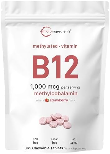 Vitaminas B12 Micro Ingredients 1,000 mcg | Methylcobalamina – 365 Tabletas Masticables | Sabor Natural a Fresa | Apoya Energía y Metabolismo | - imagen 1