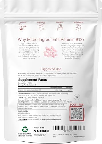 Vitaminas B12 Micro Ingredients 1,000 mcg | Methylcobalamina – 365 Tabletas Masticables | Sabor Natural a Fresa | Apoya Energía y Metabolismo | - imagen 2