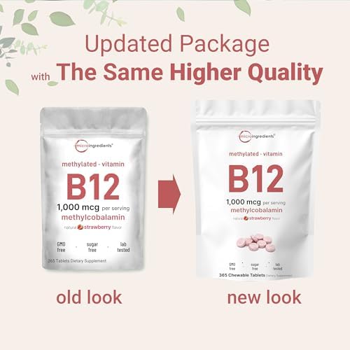Vitaminas B12 Micro Ingredients 1,000 mcg | Methylcobalamina – 365 Tabletas Masticables | Sabor Natural a Fresa | Apoya Energía y Metabolismo | - imagen 3