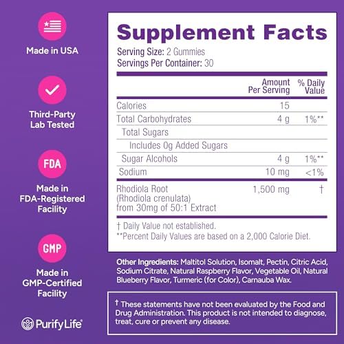 Gomitas Veganas de Rhodiola Rosea Sin Azúcar (1500mg/Porción) - Suplemento para el Estrés, Ánimo y Rendimiento, 60 Chews Non-GMO - imagen 6