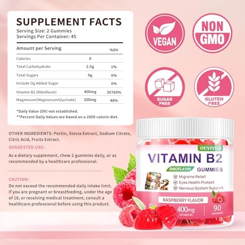 Gomitas de Vitamina B2 Riboflavina 400mg con Magnesio para Niños y Adultos, Alivio de Migrañas y Dolores de Cabeza, Veganas, Sin Azúcar, Sabor - imagen 2