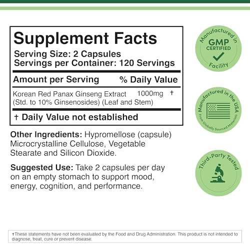 Cápsulas de Ginseng (Extracto de Ginseng Rojo Coreano, Panax Ginseng 10% Ginsenosidos) - Suministro para 4 Meses, 240 Cápsulas Veganas de 1,000mg - imagen 2