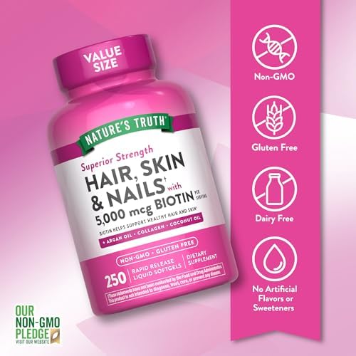 Vitaminas para Cabello, Piel y Uñas de Nature's Truth | 5000mcg | 250 Softgels | Con Colágeno, Biotina y Aceite de Coco | Suplemento No GMO y Sin - imagen 3