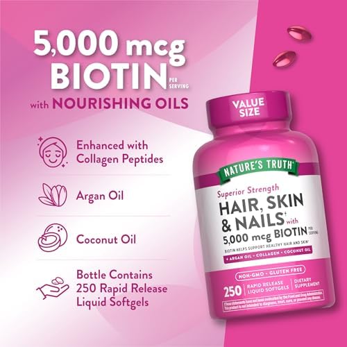 Vitaminas para Cabello, Piel y Uñas de Nature's Truth | 5000mcg | 250 Softgels | Con Colágeno, Biotina y Aceite de Coco | Suplemento No GMO y Sin - imagen 5