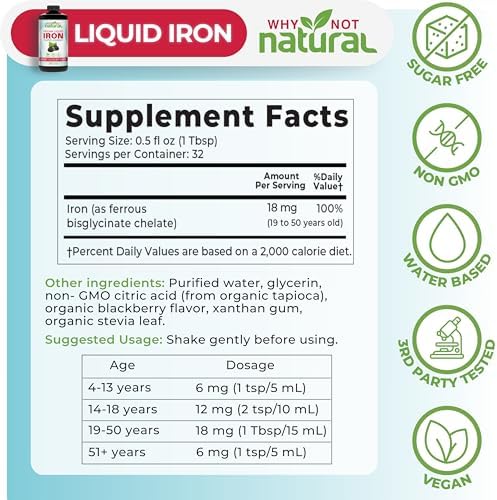 Suplemento de Hierro Líquido Natural Why Not para Mujeres, Hombres y Niños, Vegano, Sin Azúcar, Sabor Orgánico a Mora, 16 Fl Oz - imagen 5