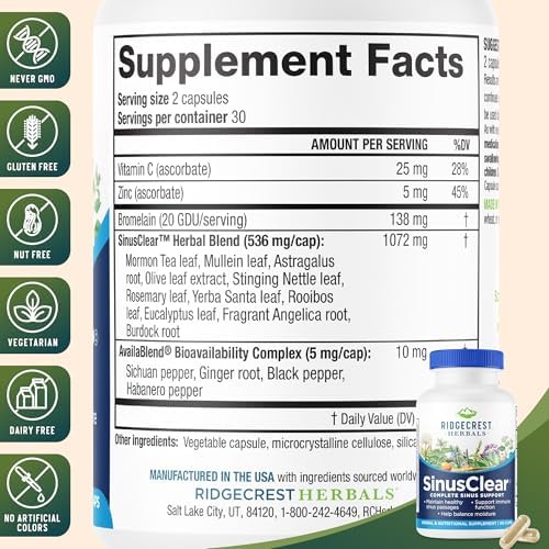 RidgeCrest Herbals SinusClear, Fórmula Completa para la Salud Nasal y Sinusal con Hoja de Mullein, Bromelina, Vitamina C y Zinc, 60 Cápsulas Veganas - imagen 3