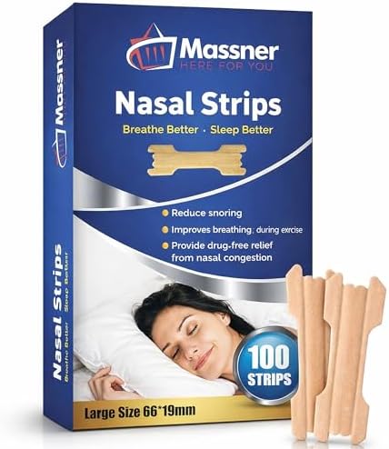 Tiras Nasales MASSNER para Respirar, Tiras Grandes para Dormir, Apoyo contra Ronquidos y Alivio de Congestión - Mejor Flujo de Aire, 100 Tiras Nasales - imagen 1
