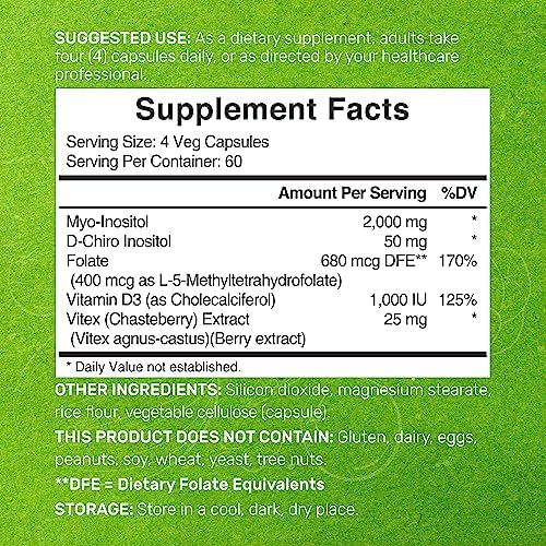 Suplemento de Myo-Inositol y D-Chiro Inositol para Mujeres (40:1) | 2,050mg por Porción | 240 Cápsulas Veganas | Con Folato, Vitamina D3 y Vitex | - imagen 2