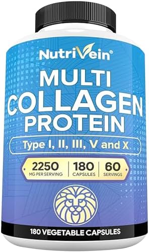 Píldoras de Colágeno Premium Nutrivein 2250 mg - 180 Cápsulas Fáciles de Tragar: Tipo I, II, III, V, X para Mujeres y Hombres - Piel, Cabello, - imagen 1