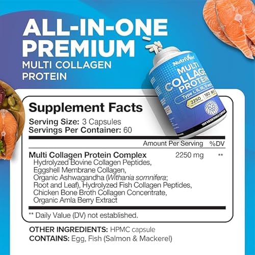 Píldoras de Colágeno Premium Nutrivein 2250 mg - 180 Cápsulas Fáciles de Tragar: Tipo I, II, III, V, X para Mujeres y Hombres - Piel, Cabello, - imagen 2