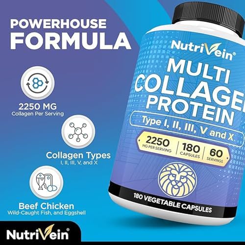 Píldoras de Colágeno Premium Nutrivein 2250 mg - 180 Cápsulas Fáciles de Tragar: Tipo I, II, III, V, X para Mujeres y Hombres - Piel, Cabello, - imagen 3