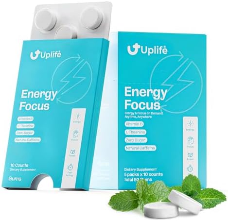 Goma UPLIFE de Enfoque y Energía 50 Piezas – Hecho en EE. UU. – 40mg Cafeína Natural + 80mg L-Teanina + Niacina Vitaminas B3 y B12 – Sin Azúcar, - imagen 1