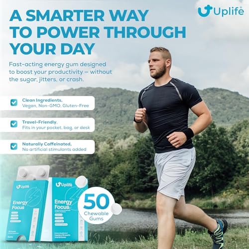 Goma UPLIFE de Enfoque y Energía 50 Piezas – Hecho en EE. UU. – 40mg Cafeína Natural + 80mg L-Teanina + Niacina Vitaminas B3 y B12 – Sin Azúcar, - imagen 5