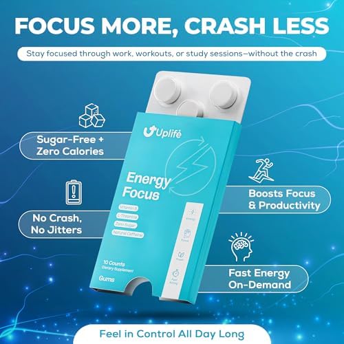 Goma UPLIFE de Enfoque y Energía 50 Piezas – Hecho en EE. UU. – 40mg Cafeína Natural + 80mg L-Teanina + Niacina Vitaminas B3 y B12 – Sin Azúcar, - imagen 7