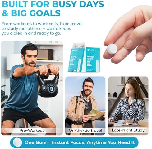 Goma UPLIFE de Enfoque y Energía 50 Piezas – Hecho en EE. UU. – 40mg Cafeína Natural + 80mg L-Teanina + Niacina Vitaminas B3 y B12 – Sin Azúcar, - imagen 8