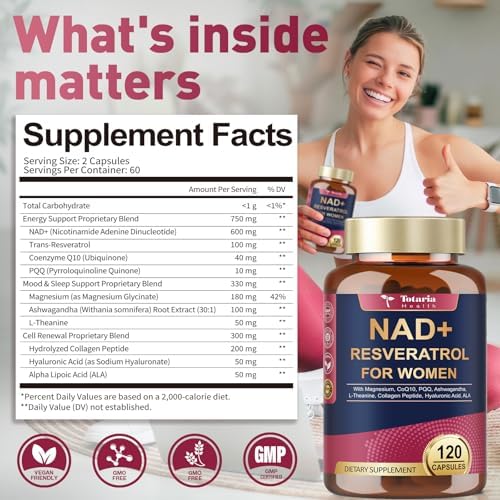 Suplemento Totaria de NAD+ para Mujeres - Suplemento de Trans-Resveratrol con Magnesio, CoQ10, PQQ, Ashwagandha y Péptidos de Colágeno - Alternativa - imagen 8