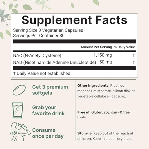 Micro Ingredients NAC con NAD+, 240 Cápsulas Vegetarianas | 1,200 mg por Porción | N-Acetil-L-Cisteína y Nicotinamida Adenina Dinucleótido | No GMO, - imagen 2