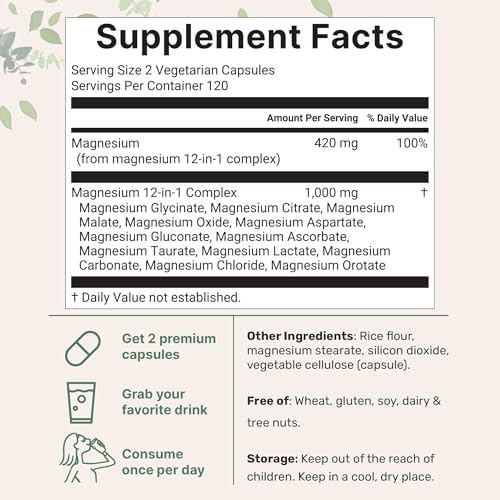 Complejo de Magnesio 12 en 1 Micro Ingredients 1000 mg, 240 Cápsulas – Glicinato, Citrato, Taurato, Malato y Más – Fórmula de Alta Absorción para - imagen 2