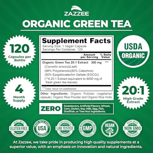Zazzee Extracto de Té Verde Orgánico USDA 20:1, 50% EGCG, 120 Cápsulas Veganas, Antioxidante, Soporte Metabólico y Energético, Hecho en EE. UU. - imagen 3