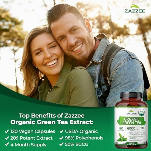 Zazzee Extracto de Té Verde Orgánico USDA 20:1, 50% EGCG, 120 Cápsulas Veganas, Antioxidante, Soporte Metabólico y Energético, Hecho en EE. UU. - imagen 4