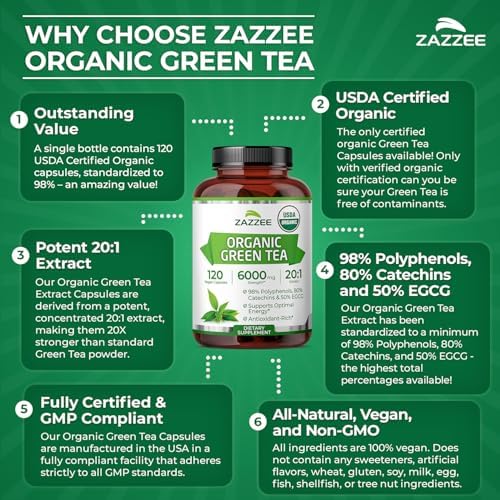 Zazzee Extracto de Té Verde Orgánico USDA 20:1, 50% EGCG, 120 Cápsulas Veganas, Antioxidante, Soporte Metabólico y Energético, Hecho en EE. UU. - imagen 7