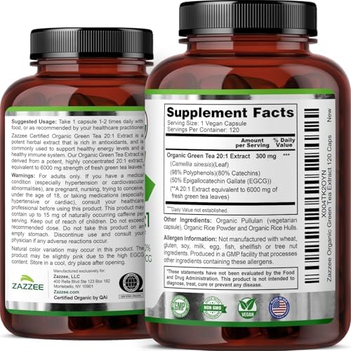 Zazzee Extracto de Té Verde Orgánico USDA 20:1, 50% EGCG, 120 Cápsulas Veganas, Antioxidante, Soporte Metabólico y Energético, Hecho en EE. UU. - imagen 8