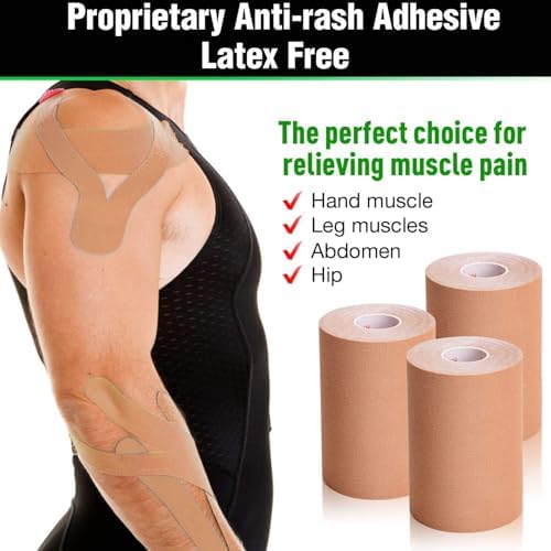 Gsbomzap Paquete de 3 Cintas de Kinesiología, 4in x 5.5yd, Cinta Adhesiva Resistente al Agua para Soporte Muscular y Alivio del Dolor, Libre de - imagen 3