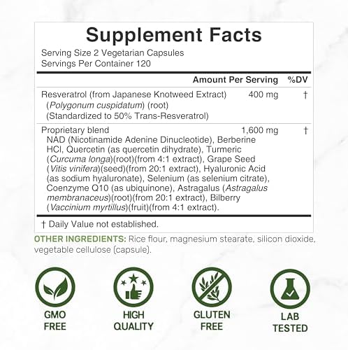 Complejo de Resveratrol 2,000mg, 240 Cápsulas Veganas – Fuerza Extra de Trans-Resveratrol con NAD, Quercetina, Cúrcuma, Semilla de Uva y Más – - imagen 2