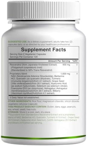 Complejo de Resveratrol 2,000mg, 240 Cápsulas Veganas – Fuerza Extra de Trans-Resveratrol con NAD, Quercetina, Cúrcuma, Semilla de Uva y Más – - imagen 6