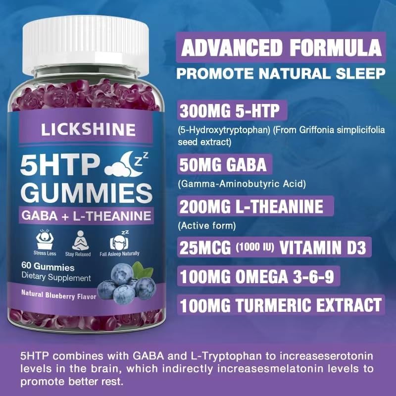 Suplemento para Dormir en Gummy 2 Paquetes de 300MG 5-HTP y GABA con 200mg de L-Theanine, Sin Melatonina, Sabor Arándano, Apoyo Natural para el Sueño - imagen 2
