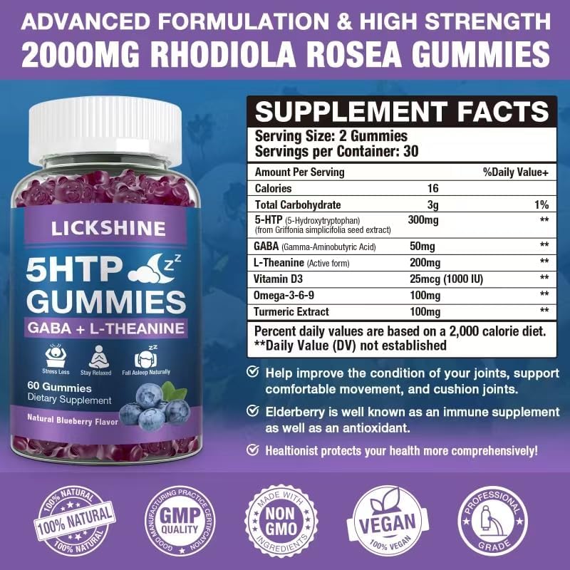 Suplemento para Dormir en Gummy 2 Paquetes de 300MG 5-HTP y GABA con 200mg de L-Theanine, Sin Melatonina, Sabor Arándano, Apoyo Natural para el Sueño - imagen 3