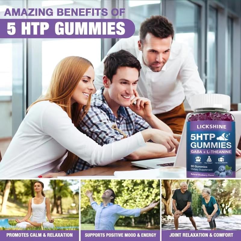 Suplemento para Dormir en Gummy 2 Paquetes de 300MG 5-HTP y GABA con 200mg de L-Theanine, Sin Melatonina, Sabor Arándano, Apoyo Natural para el Sueño - imagen 5