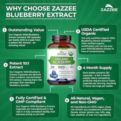 Zazzee Extracto de Arándano Orgánico USDA 10:1, 120 Cápsulas Veganas, Suplemento Herbal Antioxidante, 4 Meses de Suministro, Hecho en EE. UU. - imagen 6