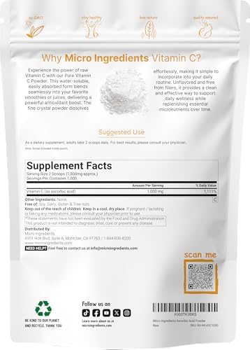 Polvo de Vitamina C Pura Micro Ingredients, 2.2lbs (1kg) | Suplemento de Ácido Ascórbico Sin Sabor | Vitaminas para Hombres y Mujeres | No GMO, Sin - imagen 2
