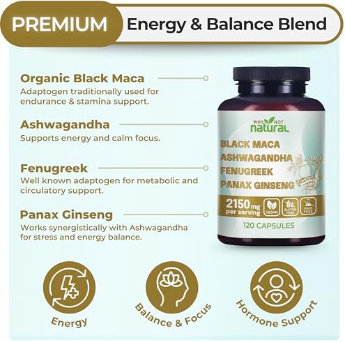Suplemento Natural 4 en 1 de Maca Negra Orgánica, Ashwagandha, Fenogreco y Ginseng Panax, Cápsulas para Hombres y Mujeres - Why Not - imagen 2