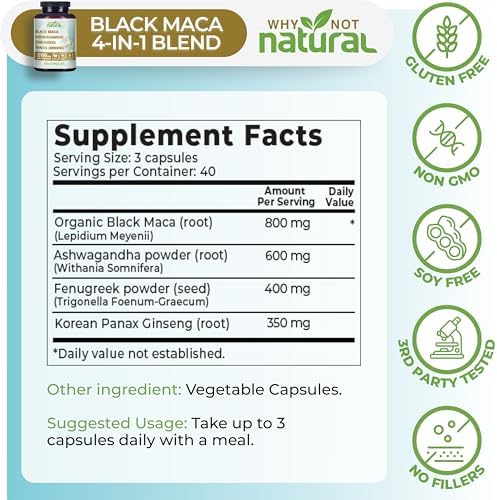 Suplemento Natural 4 en 1 de Maca Negra Orgánica, Ashwagandha, Fenogreco y Ginseng Panax, Cápsulas para Hombres y Mujeres - Why Not - imagen 4
