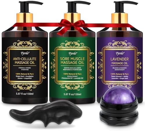 Pjordo Kit de Aceites de Masaje 3 Piezas: Aceite de Lavanda, Aceite de Arnica para Musculatura y Aceite para Celulitis, Incluye Rodillo y Herramienta - imagen 1
