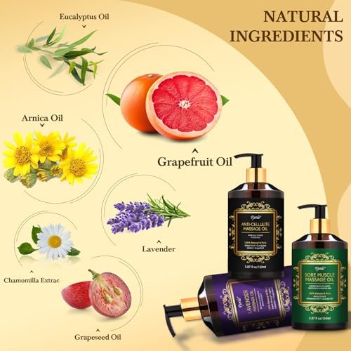 Pjordo Kit de Aceites de Masaje 3 Piezas: Aceite de Lavanda, Aceite de Arnica para Musculatura y Aceite para Celulitis, Incluye Rodillo y Herramienta - imagen 2