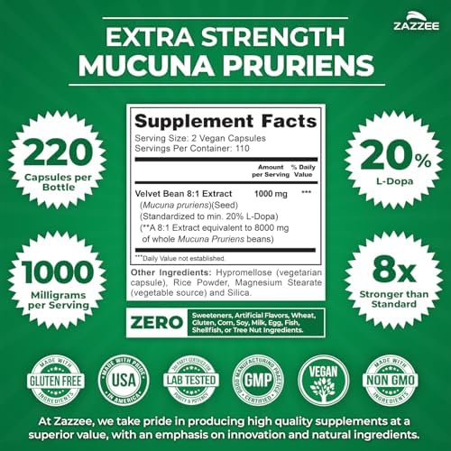 Zazzee Extracto de Mucuna Pruriens 8:1, 1000 mg, 220 Cápsulas Veganas, 20% L-Dopa, Suministro para 110 Días, Natural y No Transgénico - imagen 2