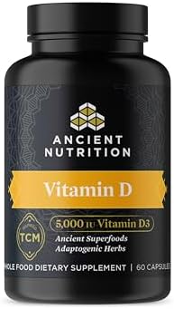 Suplemento de Vitamina D Ancient Nutrition, 5,000 IU para Apoyo Inmunológico, Hecho de Caldo de Huesos y Extracto de Champiñón, 60 Cápsulas Paleo y - imagen 1