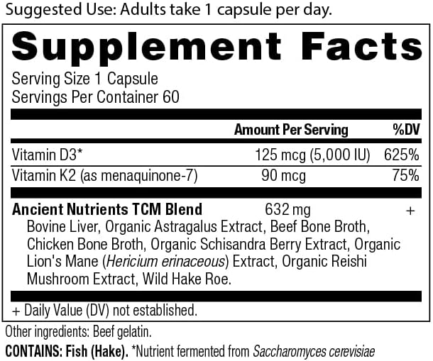 Suplemento de Vitamina D Ancient Nutrition, 5,000 IU para Apoyo Inmunológico, Hecho de Caldo de Huesos y Extracto de Champiñón, 60 Cápsulas Paleo y - imagen 2