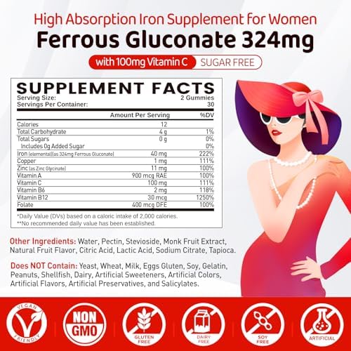 Suplemento de Hierro para Mujeres y Adolescentes, Gluconato de Hierro 324 mg, Gomas de Hierro con Vitamina C, A, B, Folato, Cobre, Zinc, Apoyo - imagen 3