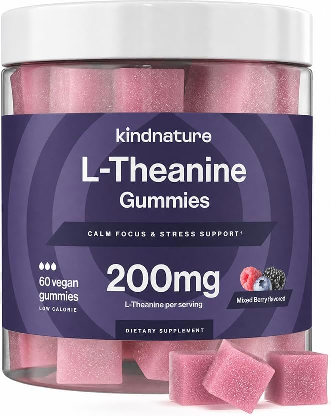Gomitas Kindnature L-Theanine 200mg para Niños 4+ y Adultos – Relajación y Enfoque Sin Somnolencia – Veganas, Sabor Frutas Mixtas, 60 Piezas - imagen 1
