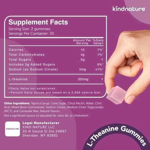 Gomitas Kindnature L-Theanine 200mg para Niños 4+ y Adultos – Relajación y Enfoque Sin Somnolencia – Veganas, Sabor Frutas Mixtas, 60 Piezas - imagen 6