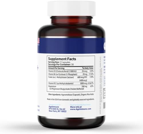 AgeImmune Complejo de Vitaminas B con Vitamina D3, B12, B6, Magnesio Bisglicinato y Folato como Metilfolato - Suplemento Methylated B - 60 Cápsulas - - imagen 2